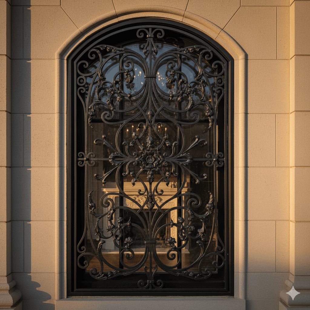 Intricate iron window grille