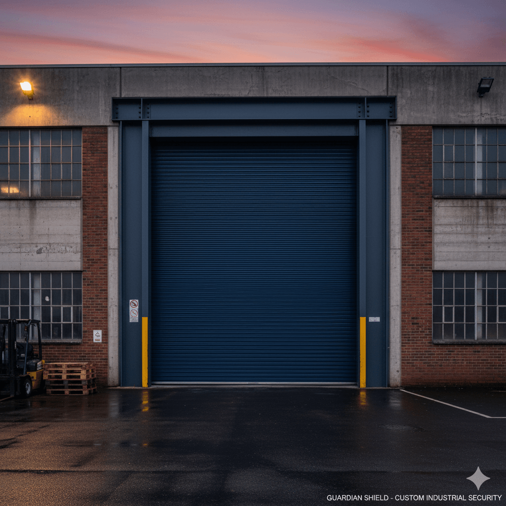 Industrial steel roller shutter fully closed on a warehouse loading dock