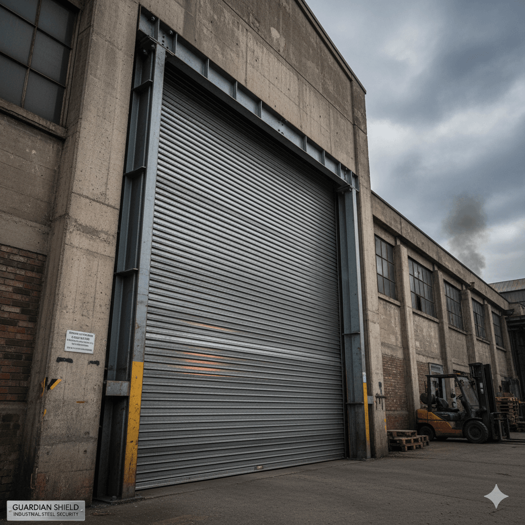 Close-up of heavy-gauge industrial steel roller shutter texture